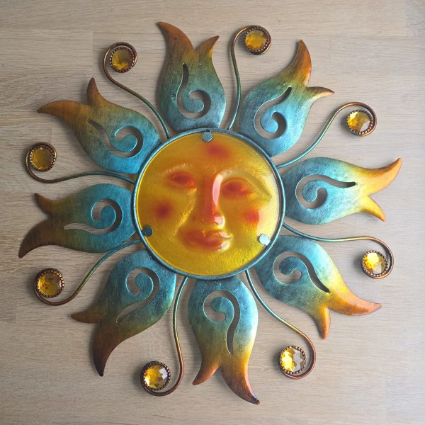 zon 40cm xl decoratie metaal glas blauw huis tuin terras schutting schuur cadeau