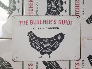 bbq slagersgids butcher's guide kip 20x30 metaal metalen wandbord