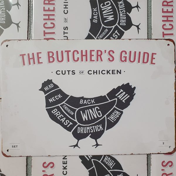 bbq slagersgids butcher's guide kip 20x30 metaal metalen wandbord