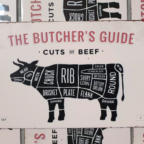 bbq slagersgids butcher's guide rund 20x30 metaal metalen wandbord