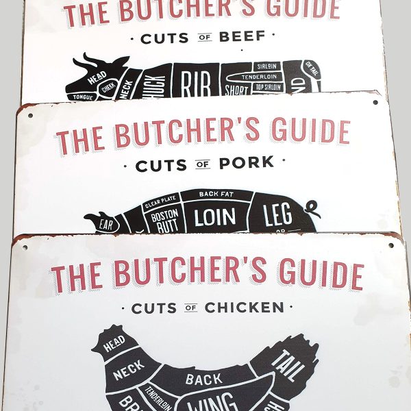 bbq rund + varken + kip butcher's guide slagers gids metaal 20 x 30