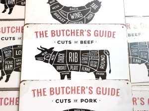 bbq slagersgids butcher's guide rund varken kip 20x30 metaal