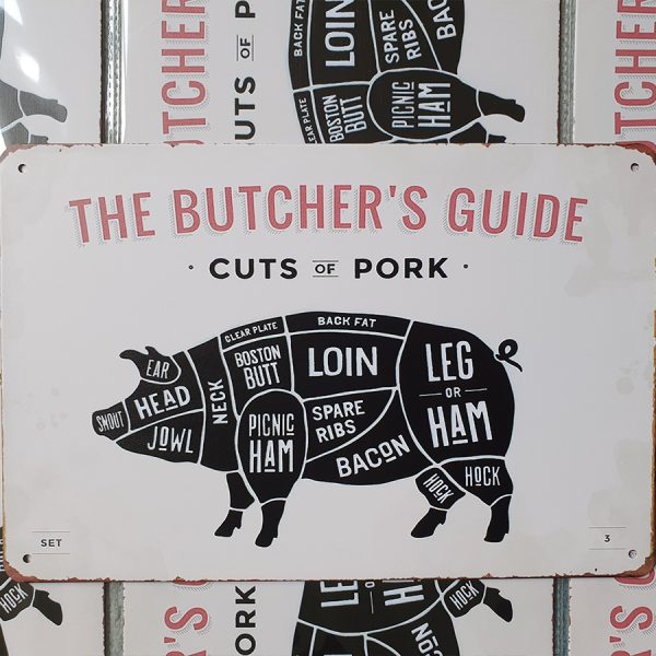 bbq slagersgids butcher's guide varken 20x30 metaal metalen wandbord