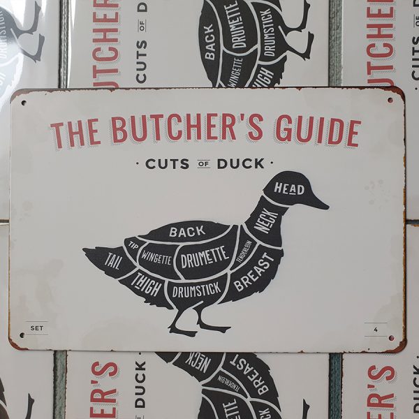 bbq slagersgids butcher's guide eend 20x30 metaal metalen wandbord