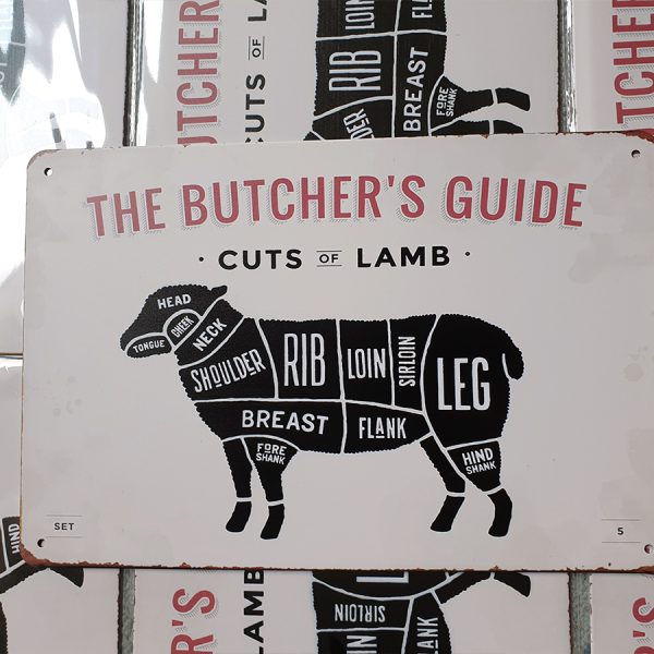 bbq slagersgids butcher's guide lam 20x30 metaal metalen wandbord