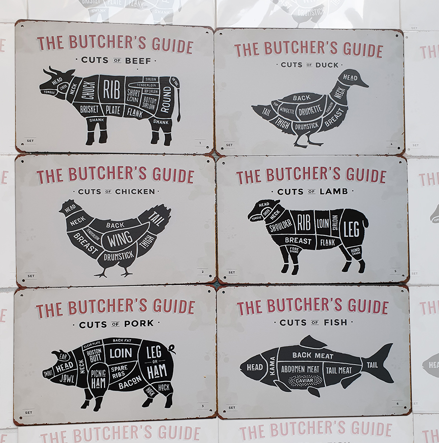 Frank Eerlijk onwetendheid Butcher's guide 6x | set XL | rund + varken + kip + eend + lam + vis |  metalen wandborden | 20x30 - Onthewall