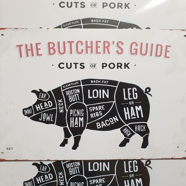 bbq slagersgids butcher's guide varken 20x30 metaal metalen wandbord