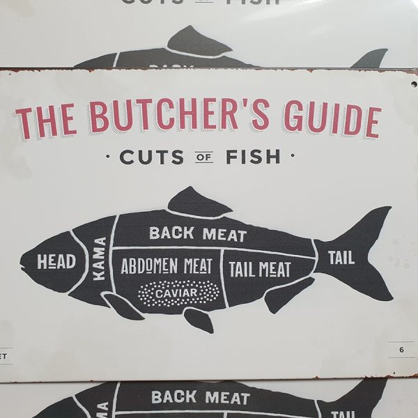 bbq slagersgids butcher's guide vis 20x30 metaal metalen wandbord