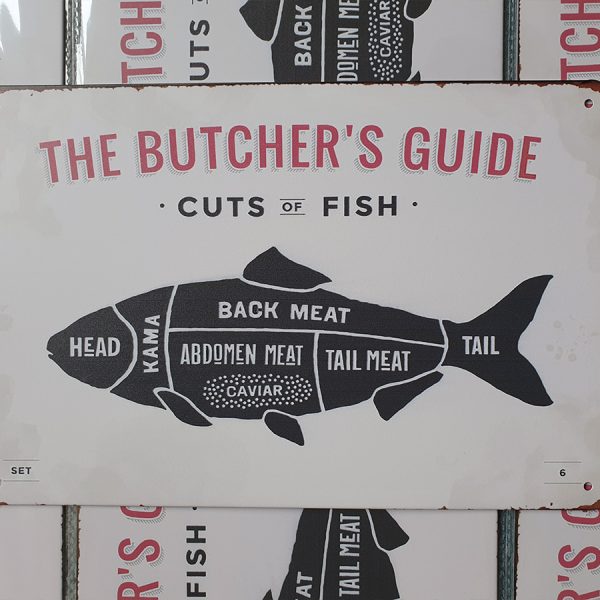 bbq slagersgids butcher's guide vis 20x30 metaal metalen wandbord