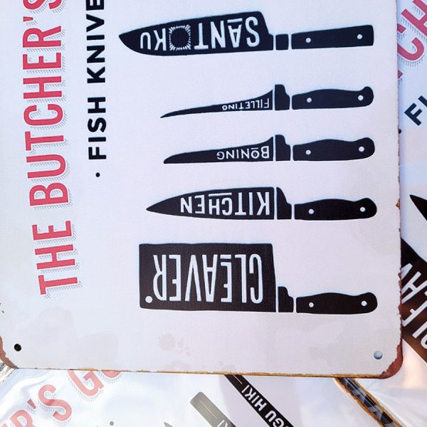 bbq slagersgids butcher's guide fish knives 20x30 metaal metalen wandbord