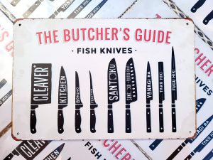 bbq slagersgids butcher's guide fish knives 20x30 metaal metalen wandbord