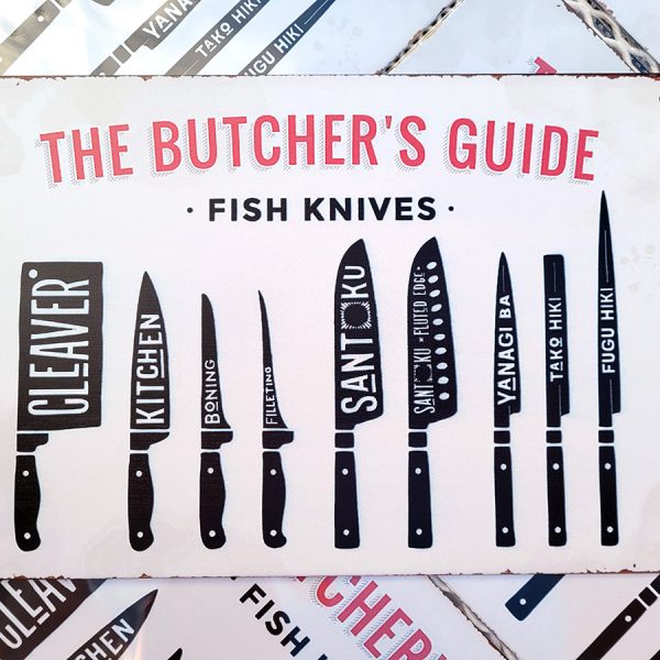 bbq slagersgids butcher's guide fish knives 20x30 metaal metalen wandbord