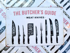 bbq slagersgids butcher's guide meat knives 20x30 metaal metalen wandbord