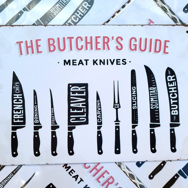 bbq slagersgids butcher's guide meat knives 20x30 metaal metalen wandbord