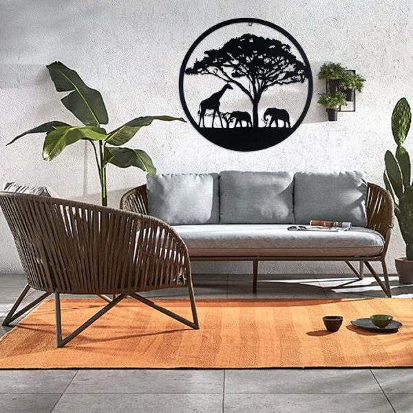 Levensboom type afrika metaal zwart 60x60cm sfeerbeeld kamer decoratie huis tuin schutting terras balkon - kado - belgie frankrijk spanje portugal curacao engeland