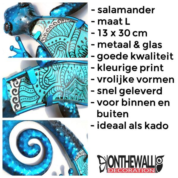 Salamander paisley L blauw 13 x 30cm tuin muur schutting metaal & glas huis decoratie details