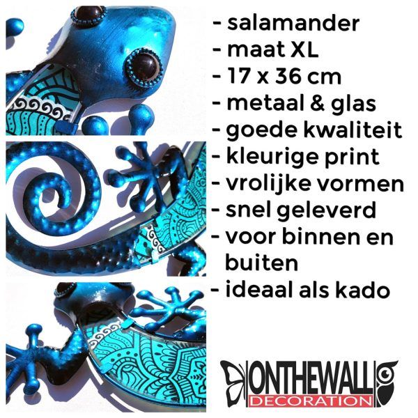 Salamander XL 17 x 36cm metaal & glas huis & tuindecoratie tuin schutting muur paisley blauw