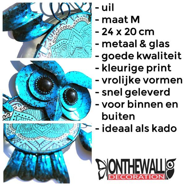 Uil metaal & glas huis & tuindecoratie 24 x 20 cm tuin schutting muur paisley blauw