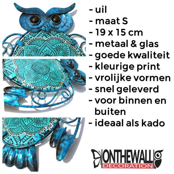 Uil metaal & glas huis & tuindecoratie 19 x 15 cm tuin schutting muur paisley blauw details