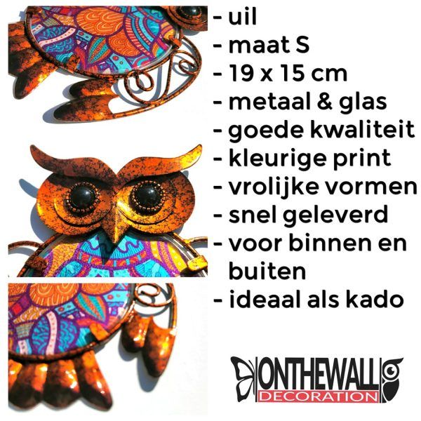 Uil metaal & glas huis & tuindecoratie 19 x 15 cm tuin schutting muur paisley rood