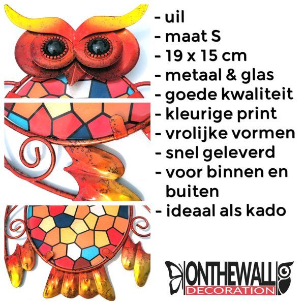 Uil metaal & glas huis & tuindecoratie 19 x 15 cm ophangen tuin schutting muur mozaiek