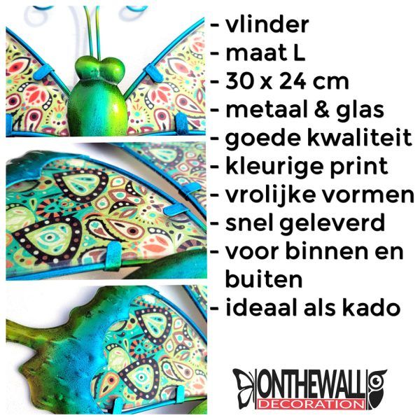 Vlinder paisley L groen 24 x 30cm tuin muur schutting metaal & glas huis decoratie details