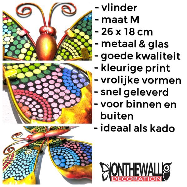 Vlinder tropisch M oranje 18 x 26cm tuin muur schutting metaal & glas huis decoratie details