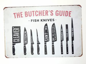 The butcher guide metalen wandbord serie kado bbq buitenkeuken terras tuin huis slagersgids onthewall vis messen