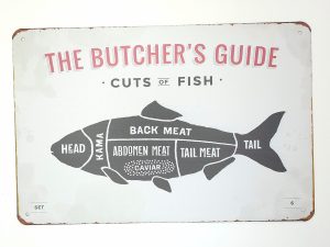 The butcher guide metalen wandbord serie kado bbq buitenkeuken terras tuin huis slagersgids onthewall vis