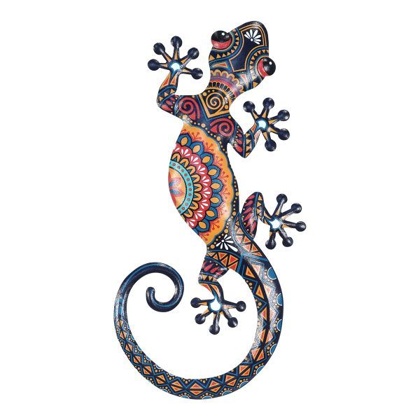 salamander van metaal paisley uitvoering maat l 13x30cm in kleuren oranje/rood/zwart/blauw decoratie huis tuin schutting terras balkon - kado - belgie frankrijk spanje portugal curacao engeland