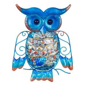 uil tak metaal glas blauw goud 20,5 x 15,5 cm maat S decoratie huis tuin schutting terras balkon - kado - belgie frankrijk spanje portugal curacao engeland