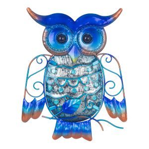 uil tak metaal glas blauw 20,5 x 15,5 cm maat S decoratie huis tuin schutting terras balkon - kado - belgie frankrijk spanje portugal curacao engeland
