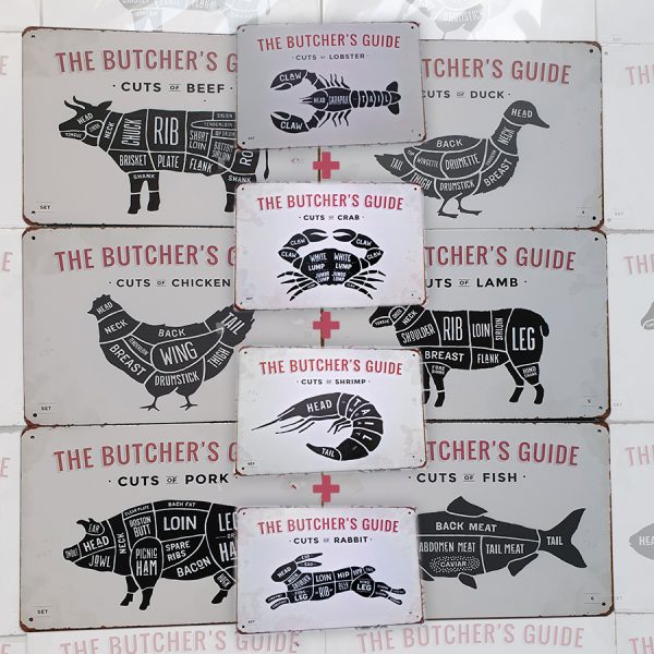 butcher guide complete serie xxl rund kip varken eend lam vis kreeft krab garnaal konijn metalen wandborden 10stuks