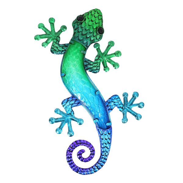 salamander lizard gecko croc XL blauw groen metaal glas 22x38cm decoratie huis tuin terras kado frankrijk spanje portugal curacao