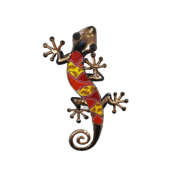 salamander lizard gecko paisley palm bruin xl metaal glas 36x17 decoratie huis tuin schutting terras balkon - kado - belgie frankrijk spanje portugal curacao engeland