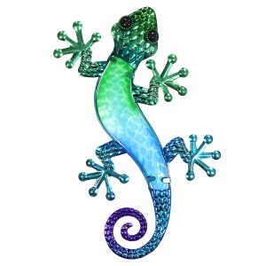 salamander lizard gecko croc L blauw groen metaal glas 18x30cm decoratie huis tuin terras kado frankrijk spanje portugal curacao