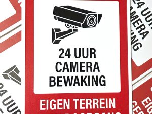 waarschuwing 24uur camera bewaking eigen terrein geen doorgang metalen wandbord inbrekers inbraakpreventie afschrikken beveiliging metalen wandbord security