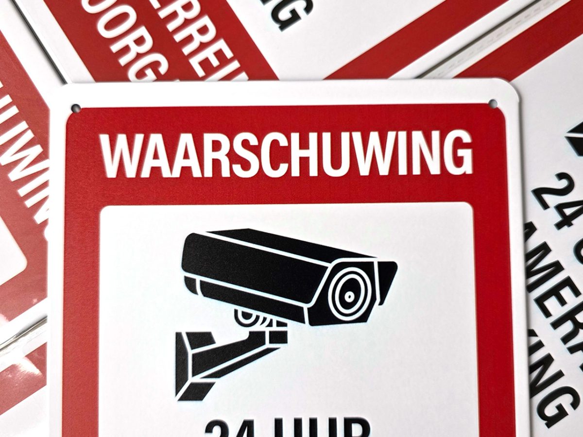 waarschuwing 24uur camera bewaking eigen terrein geen doorgang metalen wandbord inbrekers inbraakpreventie afschrikken beveiliging metalen wandbord security