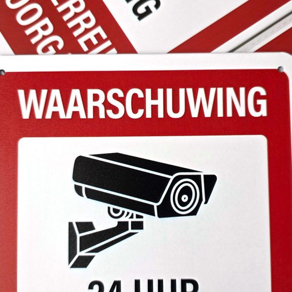 waarschuwing 24uur camera bewaking eigen terrein geen doorgang metalen wandbord inbrekers inbraakpreventie afschrikken beveiliging metalen wandbord security