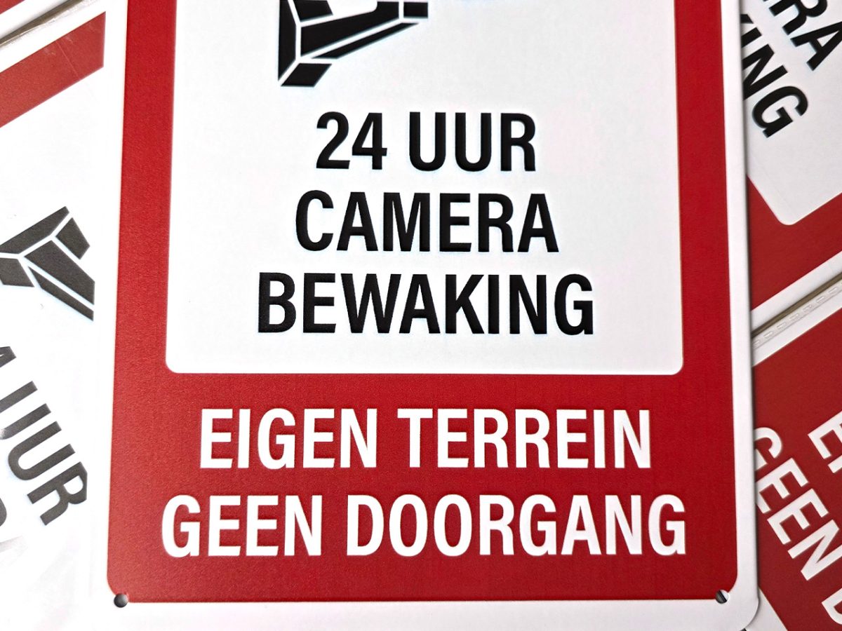 waarschuwing 24uur camera bewaking eigen terrein geen doorgang metalen wandbord inbrekers inbraakpreventie afschrikken beveiliging metalen wandbord security