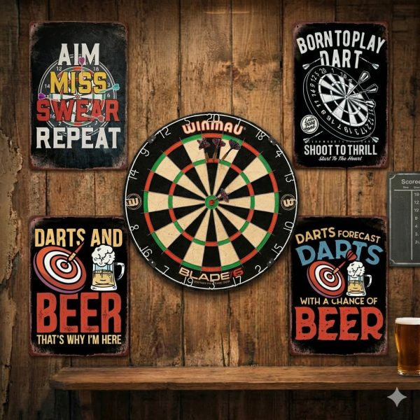 Dartset – 4 Metalen Wandborden – Musthave Darts & Bier Set – 20x30 cm - winmau - blade6 - born to play - aim miss swear repeat - darts and beer thats why im here - darts forecast - darts with a change of beer