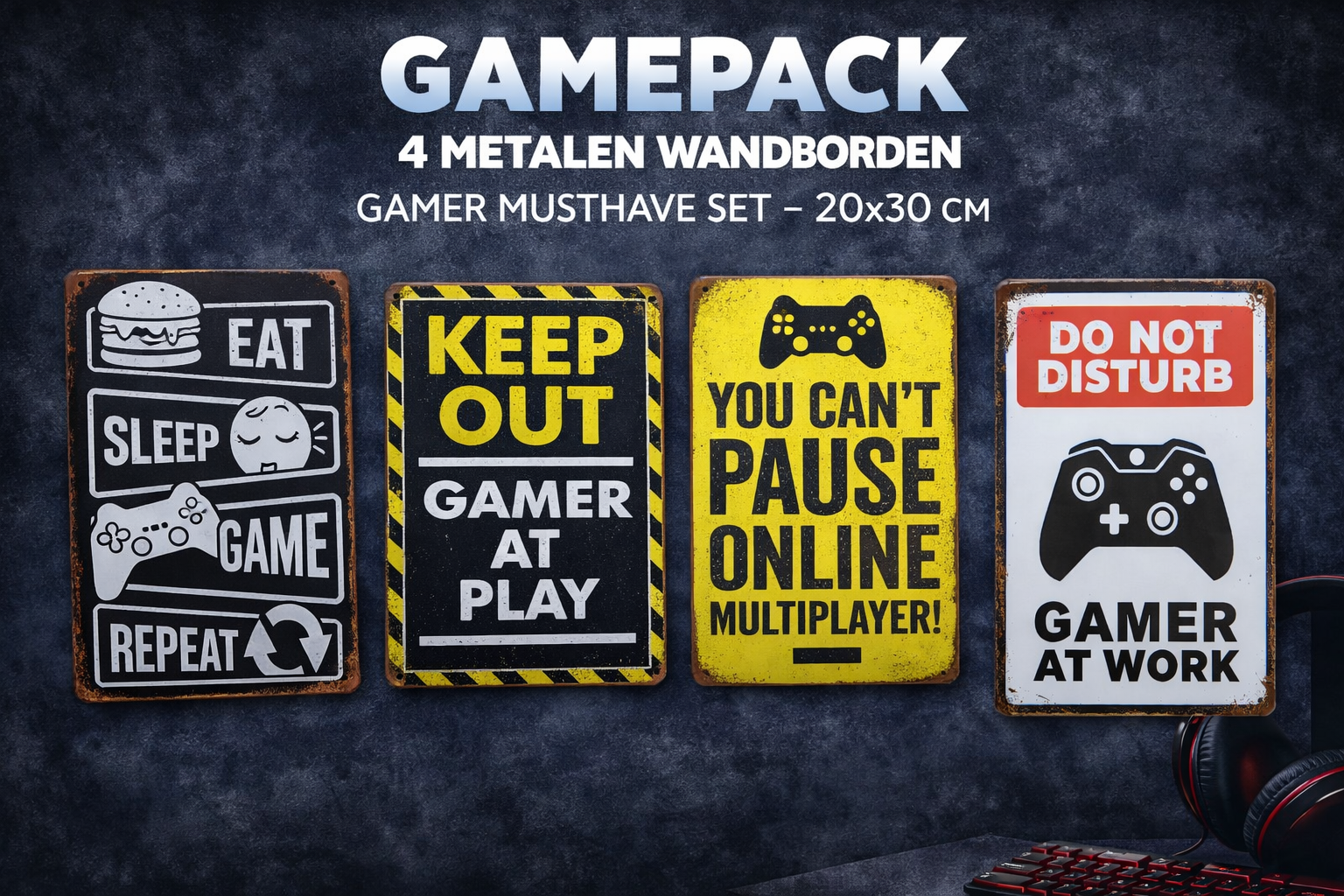 gamepack-4metalen-wandborden-game-console-pc-mancave-slaapkamer gamepack 4stuks metalen wandborden game console pc mancave slaapkamer