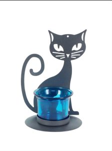 waxinelichthouder theelichthouder kat metaal glas decoratie kado blauw