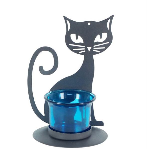 waxinelichthouder theelichthouder kat metaal glas decoratie kado blauw