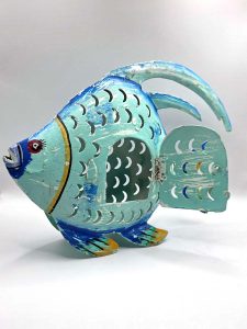 waxinelichthouder metalen vis decoratie blauw theelicht houder metaal