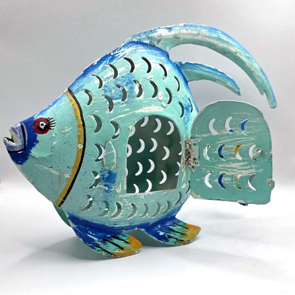 waxinelichthouder metalen vis decoratie blauw theelicht houder metaal