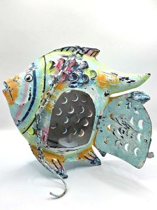 waxinelichthouder- metalen vis handgeschilderd decoratie blauw theelicht waxinelicht
