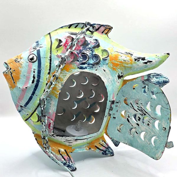 waxinelichthouder- metalen vis handgeschilderd decoratie blauw theelicht waxinelicht