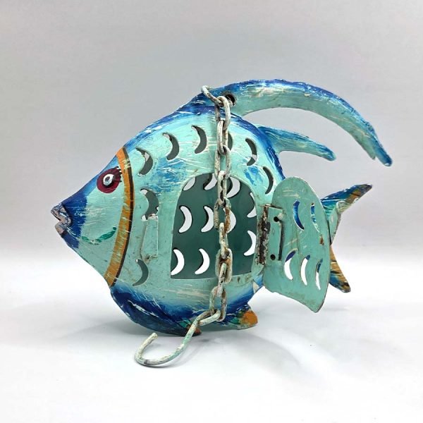 waxinelichthouder metalen vis decoratie blauw theelicht houder metaal