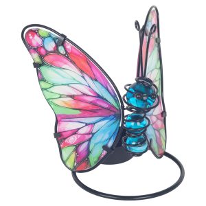 roze waxinelichthouder vlinder metaal glas 12cm onthewall decoratie m03